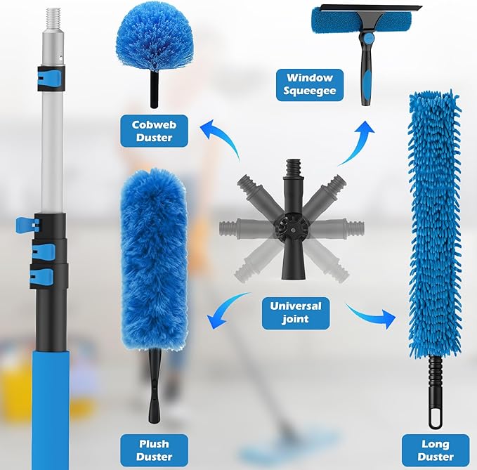 16FT Reach High Ceiling Duster Kits with 3-12FT Adjustable Pole - Includes Extra Long Duster, High Ceiling Duster, Rotatable Window Squeegee & Cobweb Duster for Ceiling Fans and Whole House Cleaning