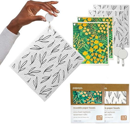 Papaya Reusable Paper Towels, Premium Swedish Dishcloths with Hook, Non-Scratch Reusable Paper Towel, 1 Sheet Replaces 17 Rolls - 4 Sheets, 2 Hooks