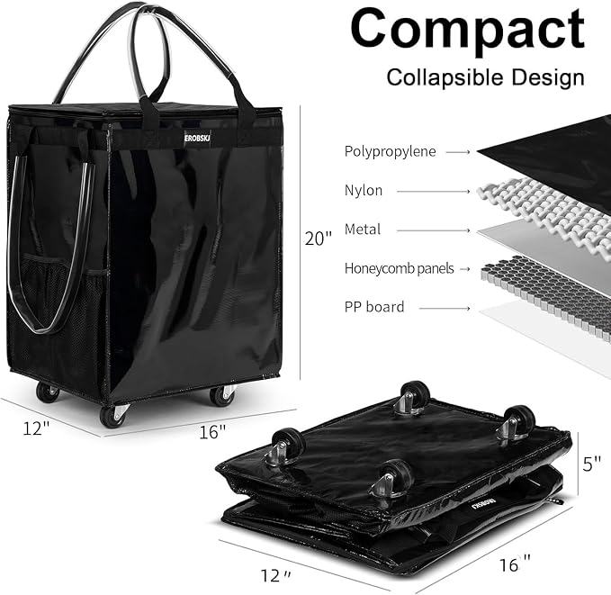 (Medium,Black) Reusable Grocery Bag on Wheels, 70L Foldable Rolling Tote,Shopping Trolley, Zipper Clouser Shopping Carts for Groceries, Laundry, Camping, Moving, 4 Heavy Duty Wheels