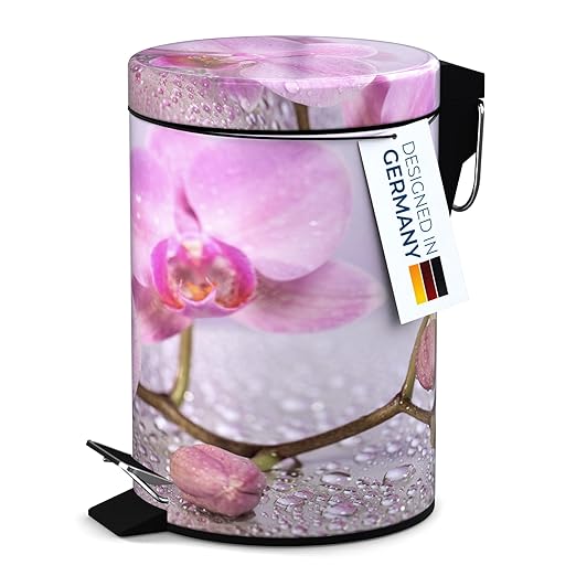 Sanilo Small Bathroom Trash Can with Lid [1.3 Gallon] - Lidded Tiny Trashcan for Garbage - Mini Metal Bin with Soft Closing Mechanism - Bath Room Accessoire Wastebin with Inner Bucket (Blooming)