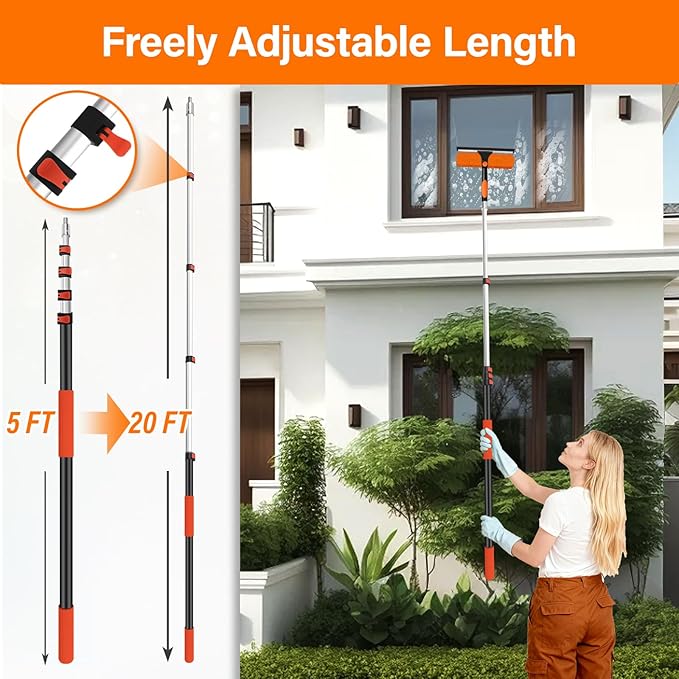 26FT High Reach Duster with Extension Pole 5-20FT, 4-in-1 Cleaning Kit with Universal Swivel Joint | High Ceiling Fan Cleaner, Cobweb Duster & Window Squeegee for Safe High-Reach Cleaning