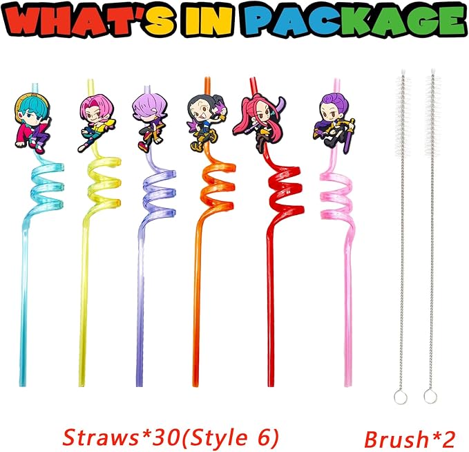 30pcs Demon movie Hunters Straws Hunters Party Supplies Favors With 2pcs Cleaning Brush Plastic Reusable Straws Birthday Party Supplies For Boys Girls