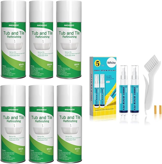 NADAMOO White Grout Renew Pen Kit & Tub and Tile Spray Paint White, 6 Cans
