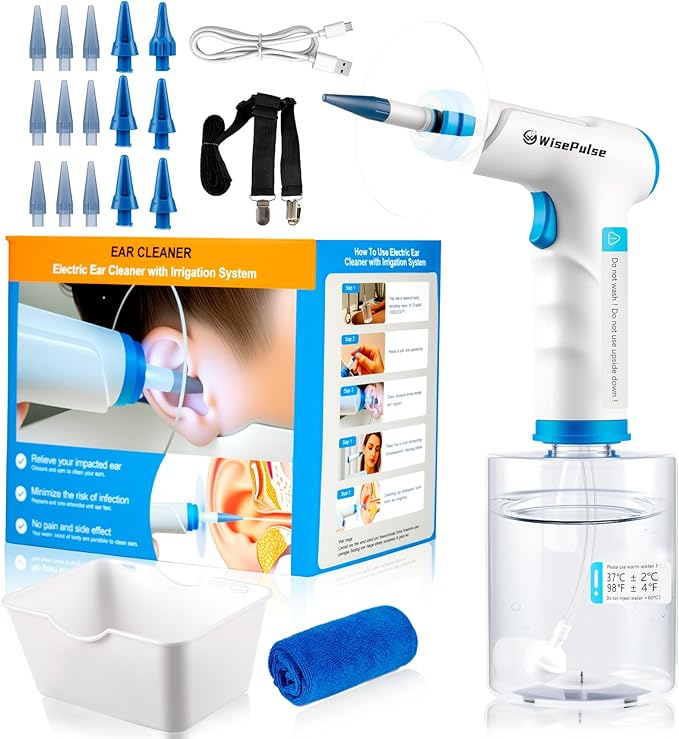 Ear Wax Removal,Electric Ear Flush Kit for Safe Solo Use at Home,Ear Cleaning Tools with 4 Pressures Modes & LED Light, Includes Basin, Towel & 15 Tips