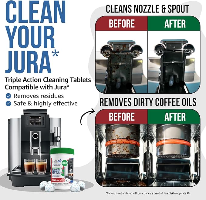 Caffenu Jura Compatible Cleaning Tablets. 30 Tablets Cleaning. Coffee Cleaning Tablets - Cleans Internal Parts, Portafilter, Inaccessible Areas. Use On All Home & Pro Jura Coffee Machines.