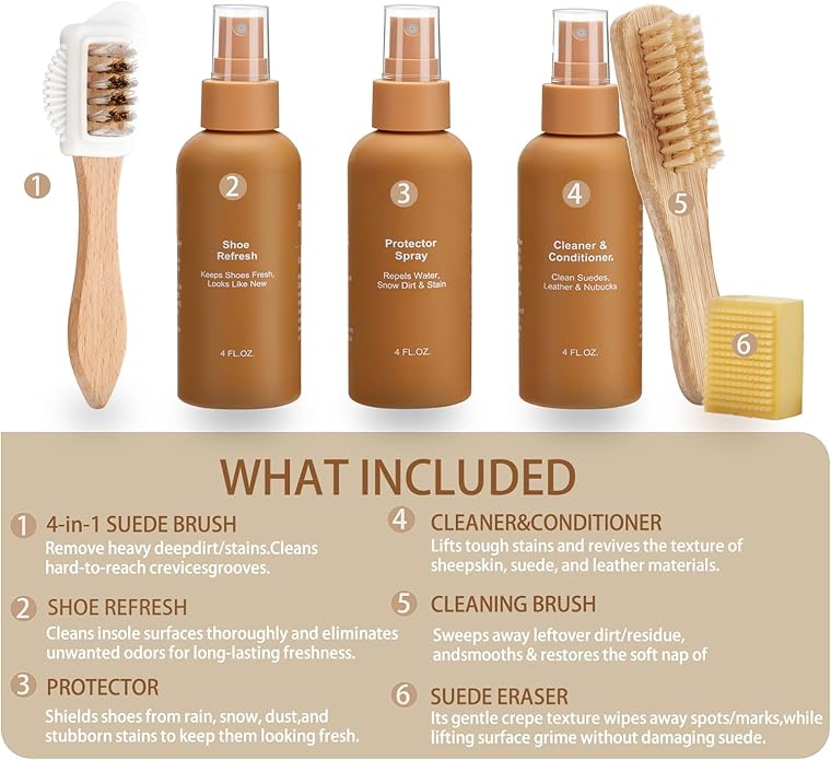 Sheepskin Suede Cleaner Kit with Waterproof Protector Spray for Suede Nubuck Boots Shoes, Cleaning Care Set Includes Cleaner Conditioner Deodorizer Brush Eraser