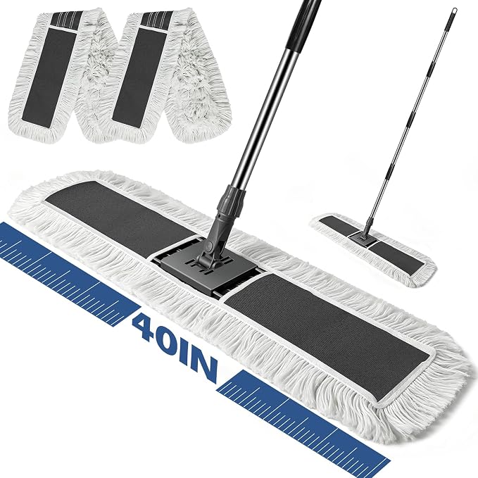 MASTERTOP 40" Commercial Dust Mop for Floor Cleaning, Heavy Duty Flat Mop | Industrial 64" Long Handle Push Broom with 2 Cotton Pads for Hardwood, Tile, Laminate, Concrete, Warehouse & Gym Cleaning