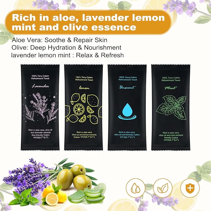 Moist Cotton Towel Bulk Moist Towelettes Individually Wrapped 8.7" x 8.7",White Towel Services,Refreshment Pre Moistened Towels Lavender,Lemon,Mint and Unscented for Sport Party Spa (pack of 200)
