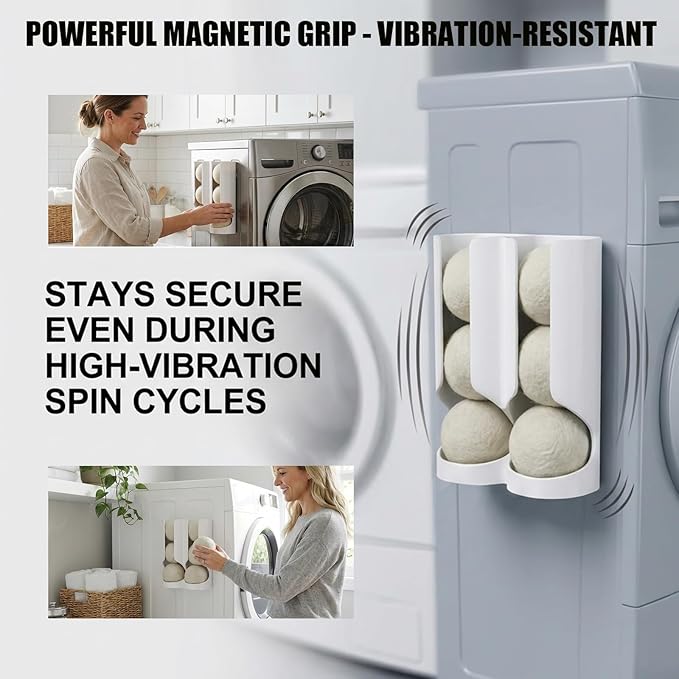 Magnetic Dryer Ball Holder for Laundry Room Organization - Space-Saving Wool Dryer Ball Storage Rack, Strong Magnet Mounts to Washer & Dryer, Holds 6+ Standard Balls, Two Ways to Use,Minimalist Design