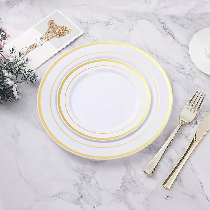 BESTVIP 200PCS Gold Plastic Plates, 10.25 Inch Disposable Dinner Plate Party with Gold Rim for Christmas, Thanksgiving, Heavy Duty Disposable Plastic Plates for Party, Wedding and Birthday, Events