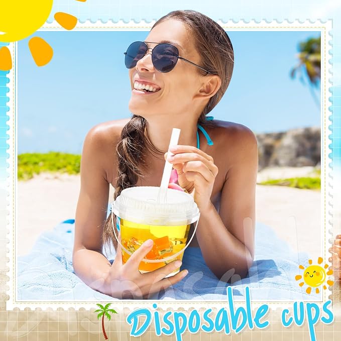 Funnymoom 30 Set 24 oz Clear Drink Buckets with Lids and Straws, Disposable Plastic Rum Cocktail Pails with Handles, Large Smoothie Cups for Adult Bachelorette Party Supplies, Beach & Catering Events