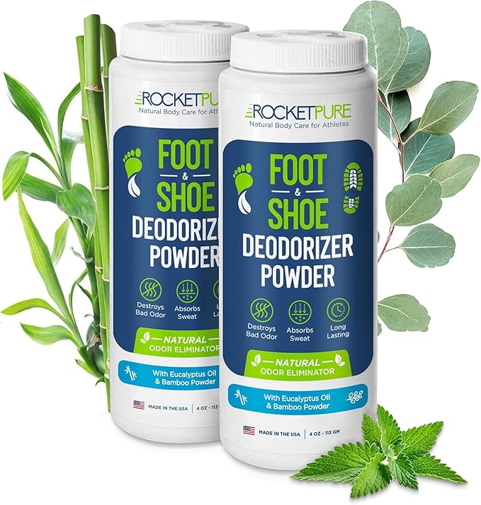 Rocket Pure Natural Foot and Shoe Deodorizer Powder, Deodorant and Odor Eliminator for Men and Women, Smell Remover, Formulated with Essential Oils, Made in the USA, Eucalyptus, 4 oz, (Pack of 2)