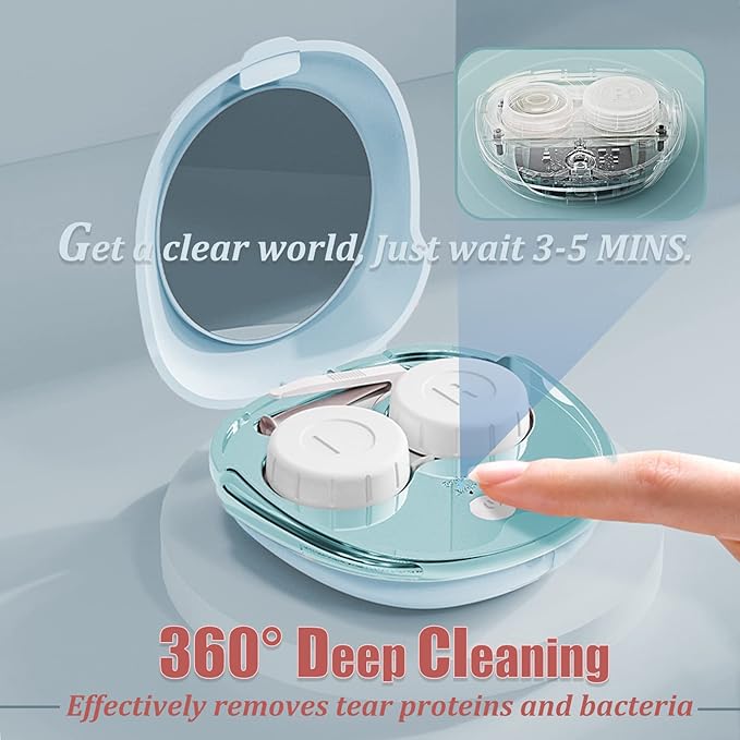 Contact Lens Cleaner, Portable Ultrasonic Contact Lens Cleaning Machine with USB Charger and Solution Soak Case Kit for Soft Lens, Colored Contact Lens, Hard Lens, RGP Lens and OK Lens (Blue)