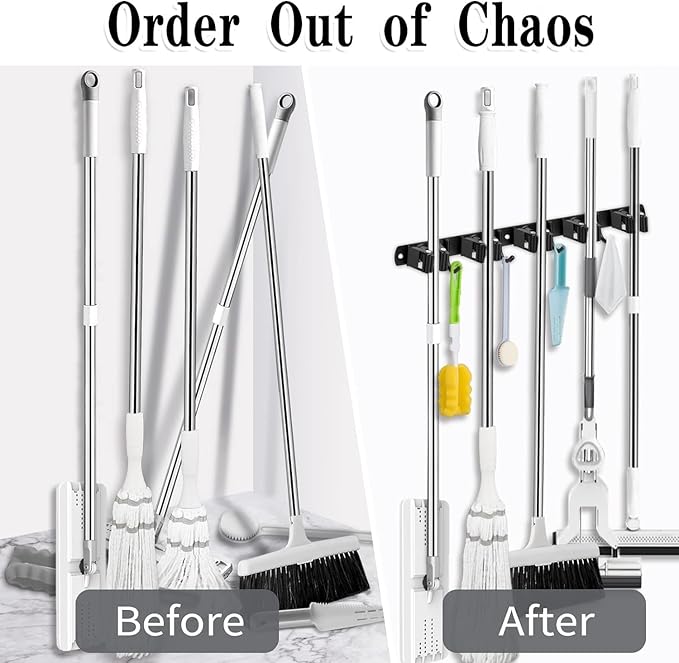 3 Racks and 4 Hooks & Black 5 Racks and 4 Hooks Broom and Mop Holder Wall Mounted Garage Organizer Storage Tool Racks Stainless Steel Heavy Duty Hooks Self Adhesive Solid Non-slip Wall Hangers