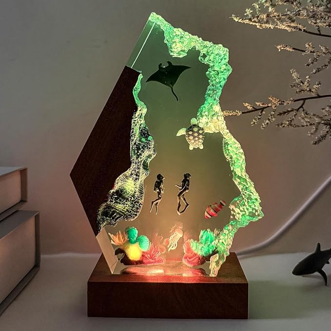 Scuba Diving Resin Ocean Lamp,Handmade 3D Ocean Night Light With Woodden Base,Variable Lights, Scuba Diver Gifts,Diving Enthusiast Collectibles, Unique Birthday Holiday Gifts for Men & Women (L12"x8")