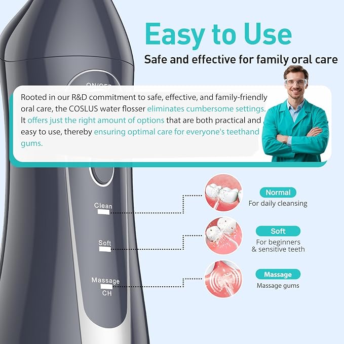 COSLUS Water Dental Flosser Teeth Pick C20: Portable Cordless Oral Irrigator 300ML Rechargeable Travel Irrigation Cleaner IPX7 Waterproof Electric Flossing Machine for Teeth Cleaning, Grey