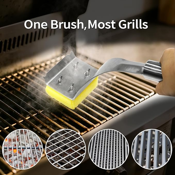 Grill Brush Bristle Free,Steam Cleaning Grill Brush.Stainless Steel Handle and Replaceable Cleaning Head, Secured by Four Wing Nuts for Cast Iron/Stainless-Steel Grates