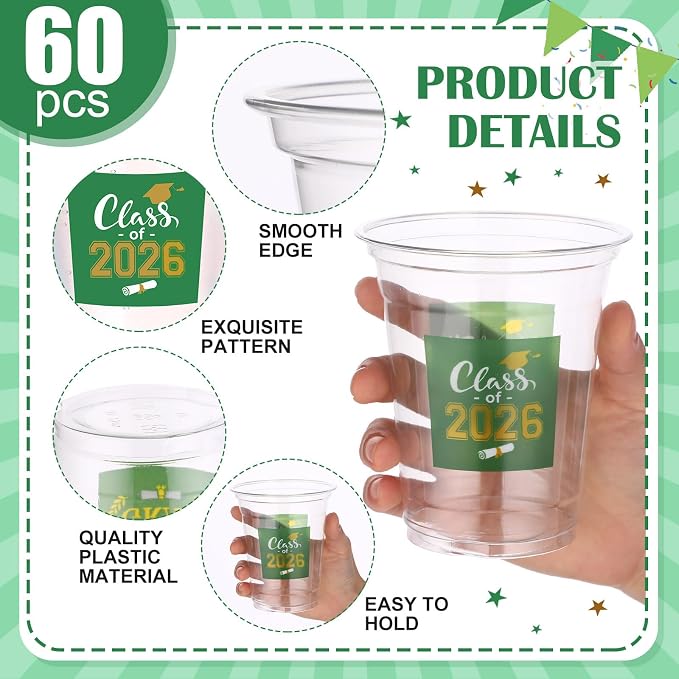 Amyhill 60 Pack 12oz Graduation Cups 2026 Graduation Decorations Disposable Plastic Cups Sturdy&Durable Drinkware for Class of 2026 Decorations Congrats Grad Party Favors Supplies (Gold Green)