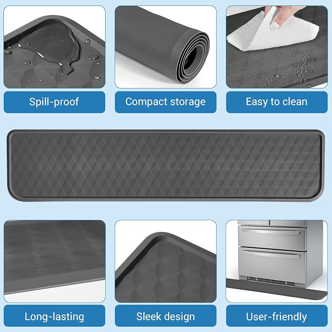 Refrigerator Floor Mat, Decent Silicone Mat in Front of Fridge, Appliance Floor Mat with Lip for Leak Catch and Floor Protect, Drip Tray for Fridge & Water Dispenser & Dishwasher - 37.4"x8.5", Grey