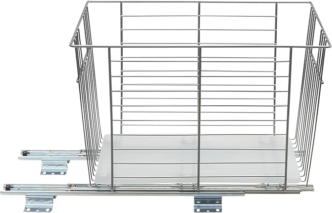 Household Essentials Glidez Steel Pull-Out/Slide-Out Storage Organizer with Plastic Liner for Under Cabinet or Wire Shelf Use - Produce Bin Design - Fits Standard Size Cabinet or Shelf, Brushed Silver