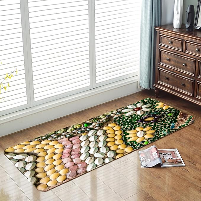WODEJIA Non Slip Bath Rugs Sponge Foam for Bathroom,Flannel Mat Rug for Living Room, Absorbent MatS for Forlaundry Room and Kitchen,Colored Pebbles Welcome Mat 47x18 Inches