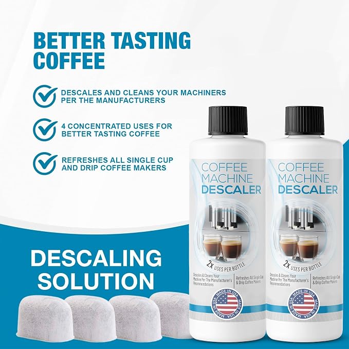 FreshFlow Keurig Compatible Descaling Solution - Descaler Cleaner Concentrate Kit For All 1.0 & 2.0 K-Cup Pod Machines and Espresso Machines - (2 Bottles, 4 Uses Plus 4 Filters)