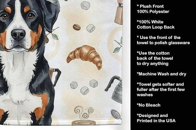 Caroline's Treasures Greater Swiss Mountain Dog Coffee Bar Kitchen Towel Velour Plush Front and Cotton Loop Back Machine Washable