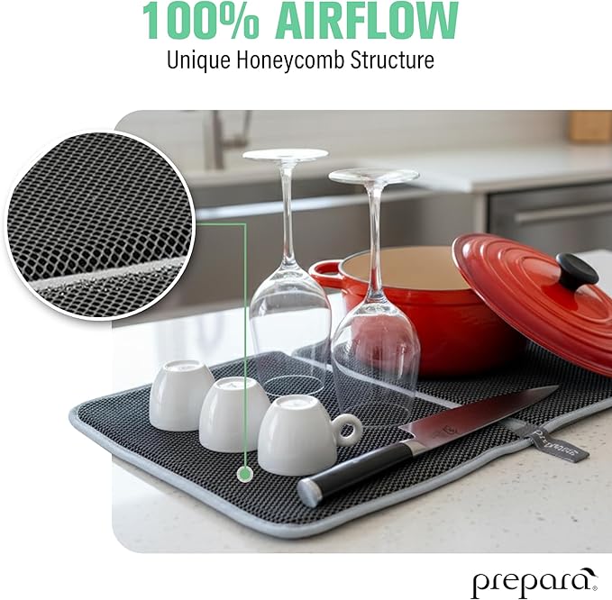 Prepara Drydock Deluxe Kitchen Towel & Drying Mat, 2-Pack - High-Performance Dish Mat with Built-in Stemware Dryer, Honeycomb Design for Maximum Airflow (14" x 21"), Machine Washable