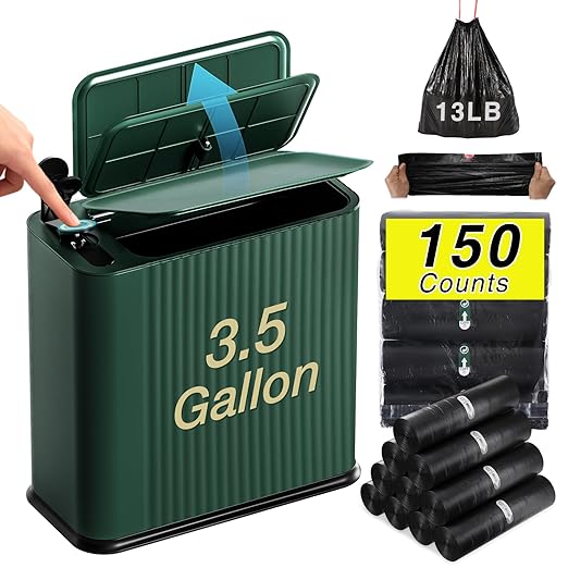 Bathroom Trash Can with Lid 13 Liter/ 3.5 Gallon Green Small Trash Can with Pop-Up Lid Bedroom Trash Can Small Garbage Can with 150 Counts Trash Bags for Small Bathroom Bedroom Office