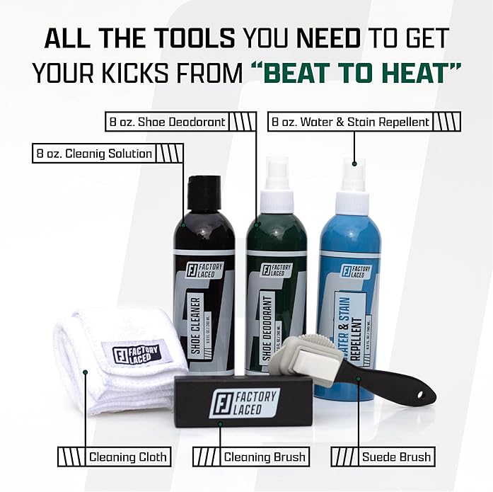 FACTORY LACED Sneaker Care Kit — Shoe Cleaner with Deodorizer & Water Repellent Spray, 2 Brushes & Microfiber Towel — Works on Jordan, Nike, Adidas — Leather, Suede, Canvas & Mesh