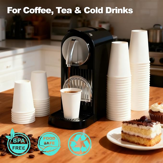 100 Count 8 oz Coffee Cups, Leak-Free Food Safe Paper Cups 8 oz, Disposable White Paper Cups for Cold and Hot