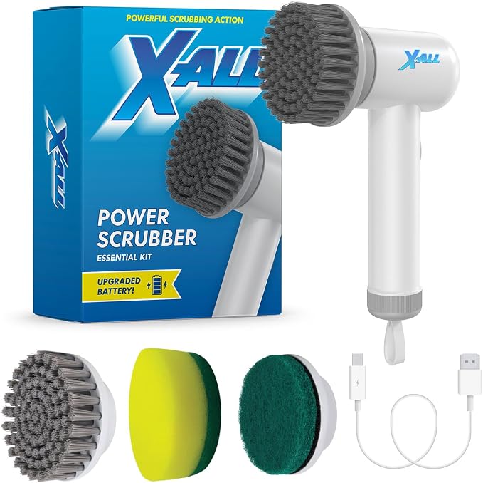 X-All Electric Spin Power Scrubber - Rechargeable Lightweight Waterproof Cordless 2-Speed Control Cleaning Tool with 2 Spin Brush Heads - White