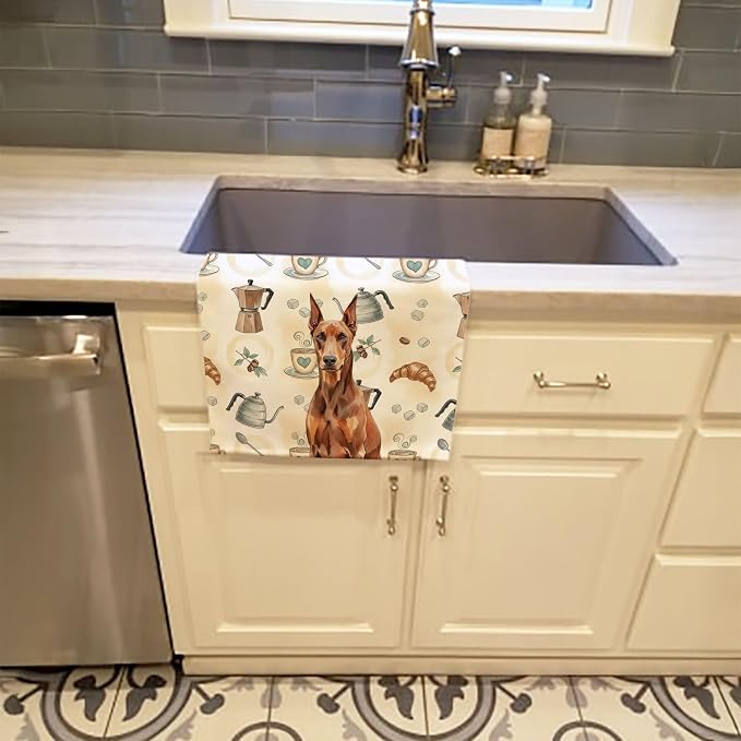 Caroline's Treasures Red Doberman Pinscher Coffee Bar Kitchen Towel Velour Plush Front and Cotton Loop Back Machine Washable