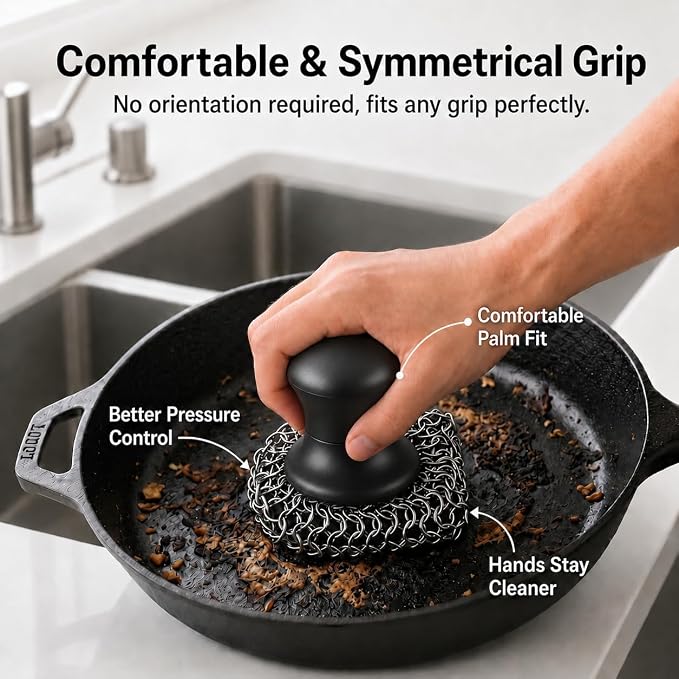 Cast Iron Scrubber and Scraper | 316 Chainmail Scrubber for Cast Iron Pan | Chain Mail Scrubber for Cast Iron Skillet Cleaner | Dishes Pots Wok Griddle Grill | Black + Red 1