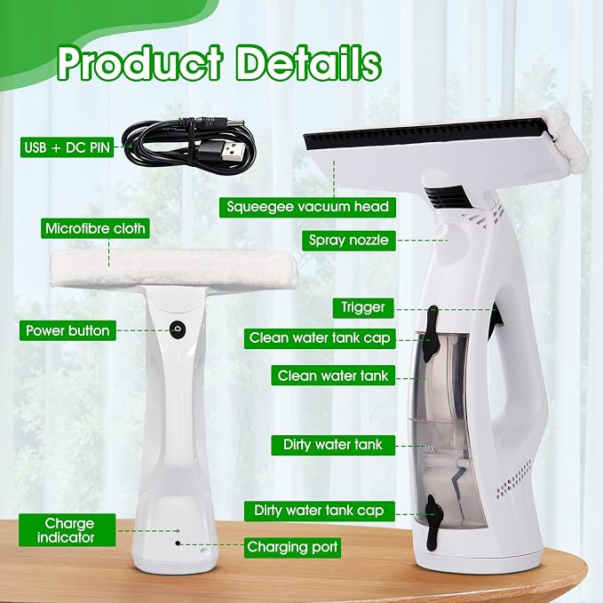 Cordless Electric Window Vacuum Squeegee, 2000Pa Powerful Suction with Water Collection Tank, Rechargeable Window Cleaner Tool for Glass, Shower Doors, Mirrors & Car, 2000mAh
