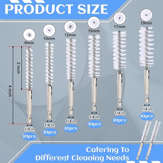 60 Pcs Bore Brush for Drill, Stainless Steel White Wire Cleaning Brushes Bulk with 1/4" Hex Shank Copper Pipe Cleaner Drill Attachment for Rust Engine Tube(8/10/12/15/17/19mm)