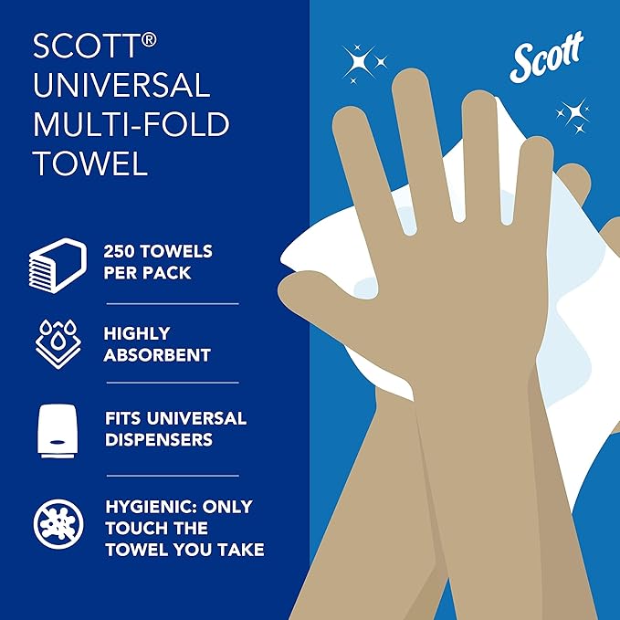 Scott Professional Universal Multifold Narrow Width Paper Towels, Bulk (37490), Absorbency Pockets, White 8.0"x9.4" Towel, Compressed, Compact (250 Sheets/Pack, 16 Packs/Case, 4,000 Sheet Total)