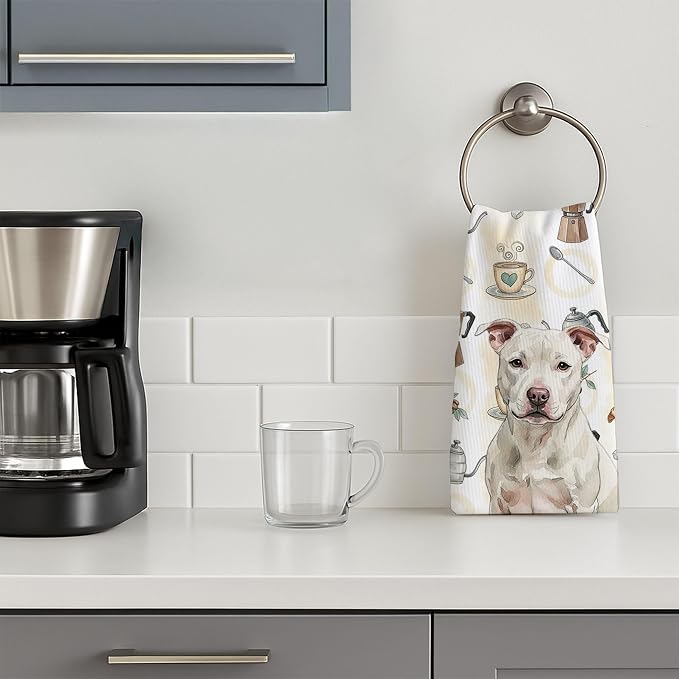 Caroline's Treasures White Staffordshire Bull Terrier Coffee Bar Kitchen Towel Velour Plush Front and Cotton Loop Back Machine Washable