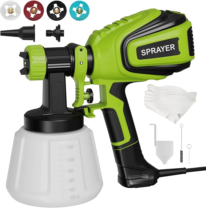 VONFORN Paint Sprayer, HVLP Spray Gun with Cleaning & Blowing Joints, 4 Nozzles and 3 Patterns, Easy to Clean, for Furniture, Cabinets, Fence, Walls, Door, Garden Chairs etc. VF803 VF803 Dark Green