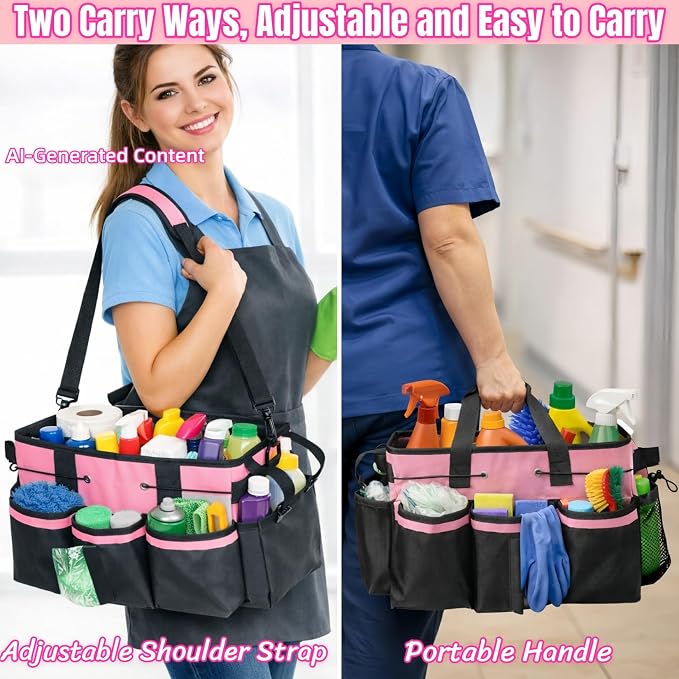 BLIRITEL Large Cleaning Caddy Bag with Handle, Cleaning Caddy Organizer with Shoulder Strap, Multi-Compartment Cleaning Supply Tote for Cleaners & Housekeepers (Pink)