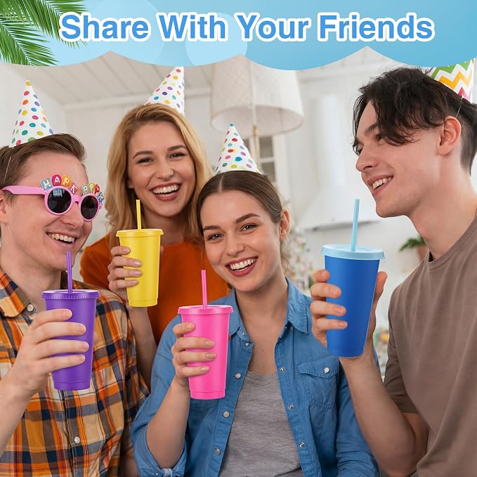 Honeydak 30 Pack Tumbler with Straw and Lid Bulk Cups for Gifts Water Bottle Iced Coffee Travel Mug Cup Reusable Plastic Tumblers for Party Birthdays 24-27 oz (Electric Color)
