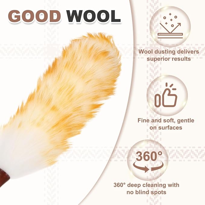 uxcell Wool Duster, 24.4" Natural Feather Cleaner Household Cleaning Duster with Solid Wooden Handle for Cleaning Fans Window Blinds Shelves Furniture, White Gold