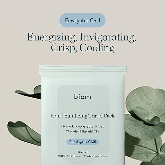 Biom Hand Sanitizing Wipes - Travel Size 10 pack(200 Wipes) 65% Ethanol Alcohol, Kills 99.9% of Germs, Removes Dirt & Grime, Made of Plant-Based & Plastic Free Fibers, Hypoallergenic -Eucalyptus Chill