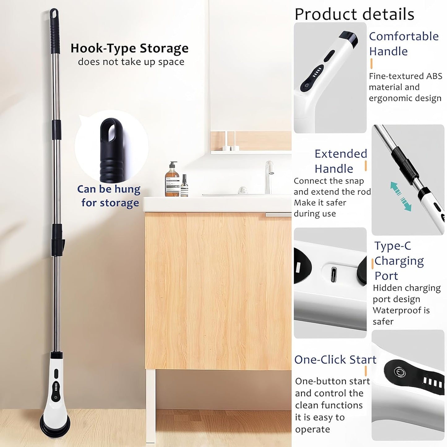 Electric Spin Scrubber, Cordless Cleaning Brush with 9 Attachment Shower and Grout Cleaner, Adjustable Extension Handle, IPX7 Waterproof for Tile Floor Tub Car (White)