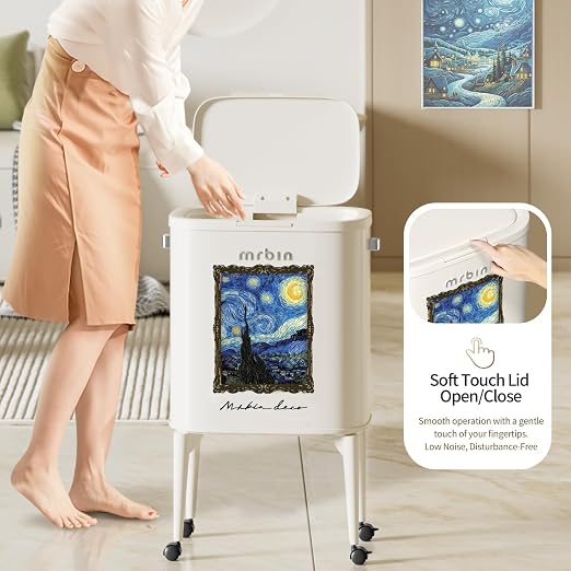 MRBIN Metal Kitchen Trash Can with Wheel Legs, 36L / 9.5gal Medium Press Lid Slim Removable Waste Basket, Pet Proof Tall Narrow Garbage Pail for Vanity, Bedroom, Bathroom, Living Room, Starry Night