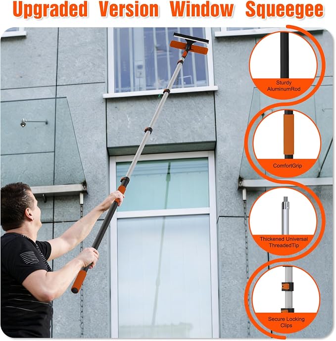 Window Squeegee Kit with Extension Pole, 2-in-1 Professional Washer for High Windows, 3-12FT Adjustable Reach, Rotatable Head for Indoor & Outdoor Use, Streak-Free Cleaning Tool for Home