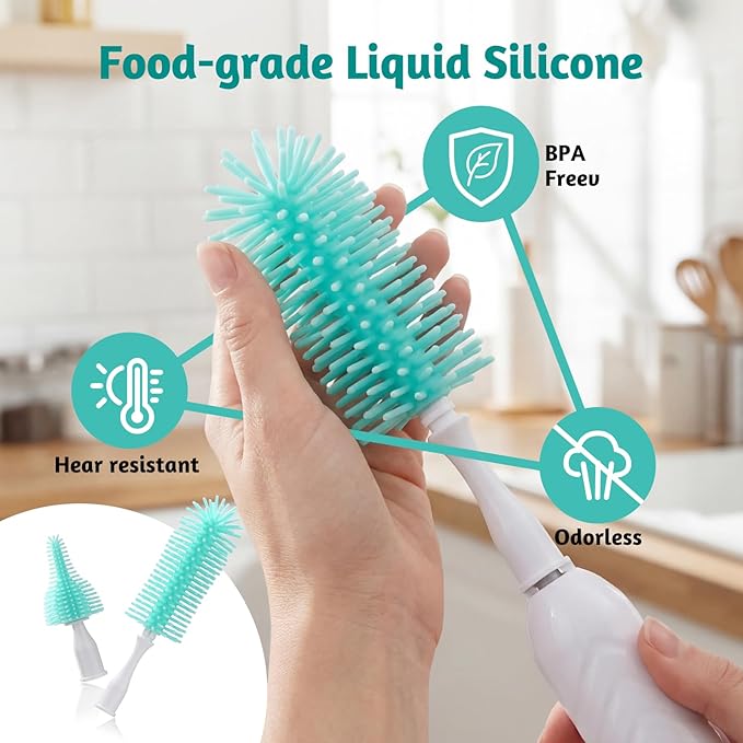 Electric Bottle Brush Cleaner with Drying Rack & LED Display, Rechargeable Baby Bottle Cleaning Kit, 360° Automatic Bottle Washer for Travel & Home, Silicone Spin Brush Set for New Parents, Green