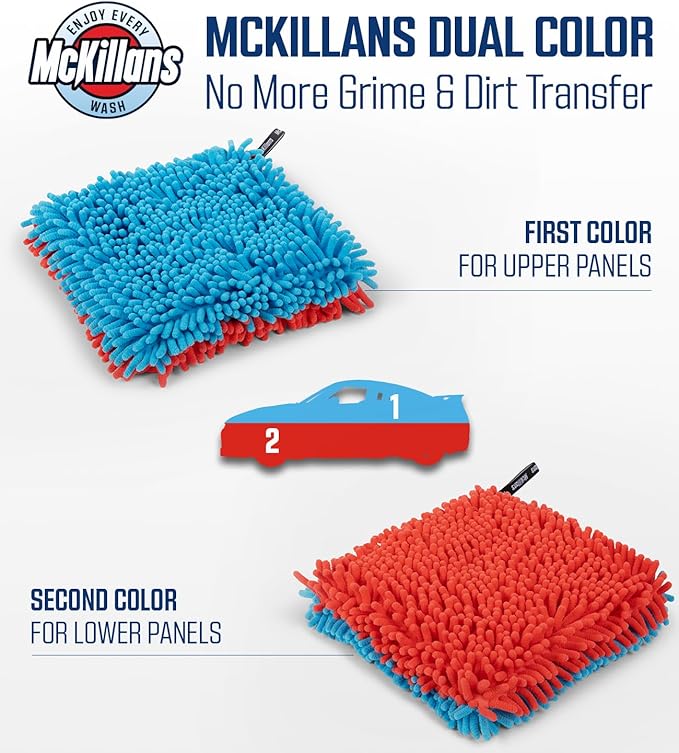 McKillans® Dual-Color Car Wash Pad - Pack of 2 - Scratch Free -10"x10" - Wrist Strap - Soft Chenille Microfiber Car Wash Sponge - Car Washing Washpad- Detailing, Car Cleaning Wash Rag (Pack of 2)