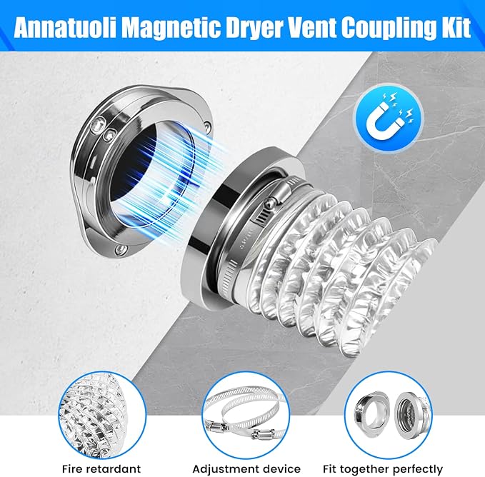 DV180 Magnetic Dryer Vent Coupling, Airtight Seal Magntic Drver Vent Connector Kit, Including 6-Ply Aluminum Dryer Hose and 2 Clamps, Easy to Clean Quick Connector