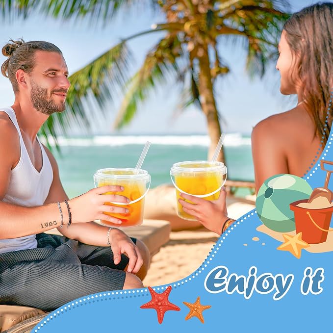JarThenaAMCS 50 Sets Clear Plastic Cups with Lids & Straws 34 Oz Drink Bucket with Handle Disposable Cocktail Pails for Beach Pool Birthday Baby Shower Party Supplies